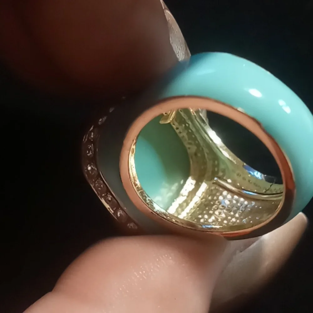 Kenneth jay Lane Teal enamel ring gold tone multi faceted Lucite gem. Statement